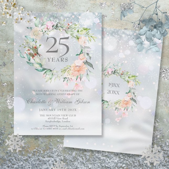 Convite Aniversário de Bodas de Prata de 25 anos Floral de (Winter Floral 25th Silver Wedding Anniversary Invitation)