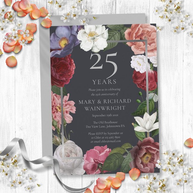 Convite Aniversário de Bodas de Prata do 25º País Rosa (25th Silver Wedding Anniversary Country Rose Invitation)