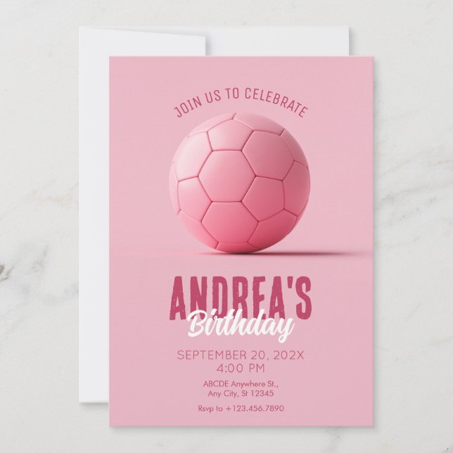 Convite Aniversário de bola de futebol rosa (Frente)