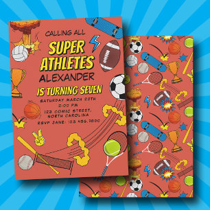 Convite Aniversário de Bolas Esportivas de Quadrinhos Retr
