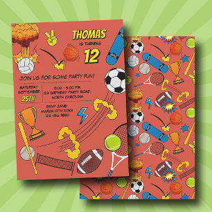 Convite Aniversário de Bolas Esportivas de Quadrinhos Retr