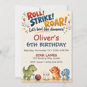 Convite Aniversário de Boliche de Dinossauro Aquarela Verm