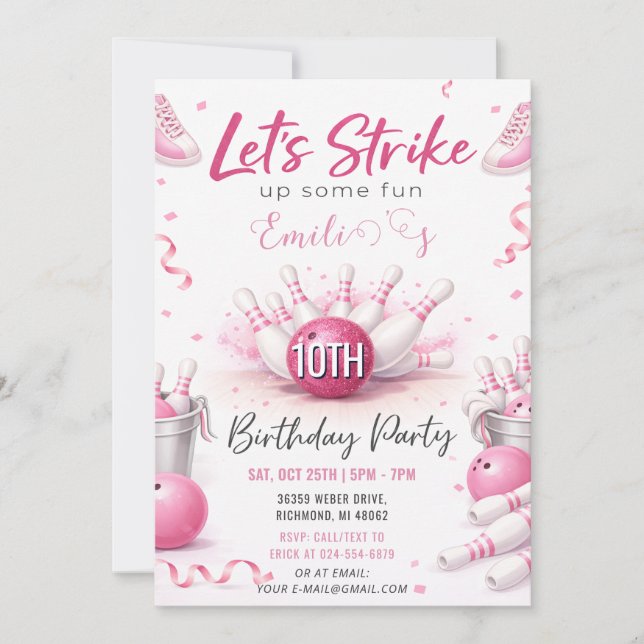 Convite Aniversário de boliche Rosa Personalizado (Frente)