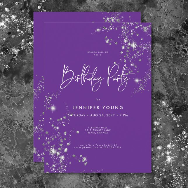 Convite Aniversário de Brilhos Brancos Mínimos Roxos Moder (Modern Minimal Purple White Glam Diamonds Birthday Invitation)