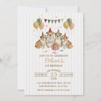 Convite Aniversário de Bulldogs Marrons Lindos em Aquarela