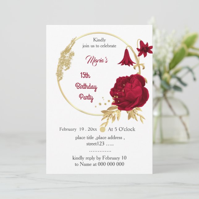 Convite aniversário de burgundy e dourada flores (Em pé/Frente)