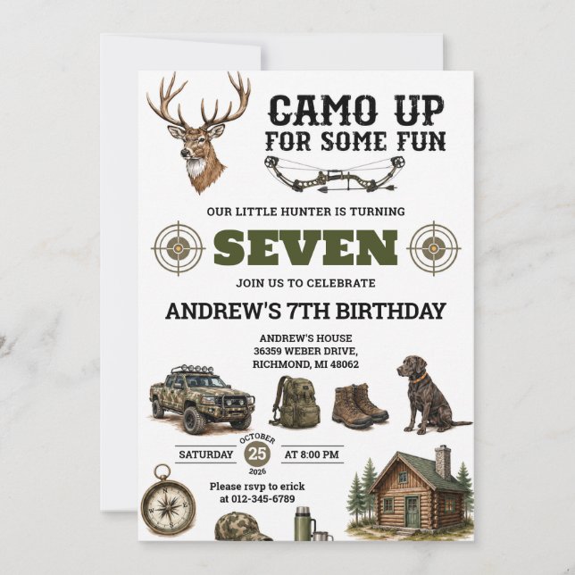 Convite Aniversário de caça com camuflagem personalizada (Frente)
