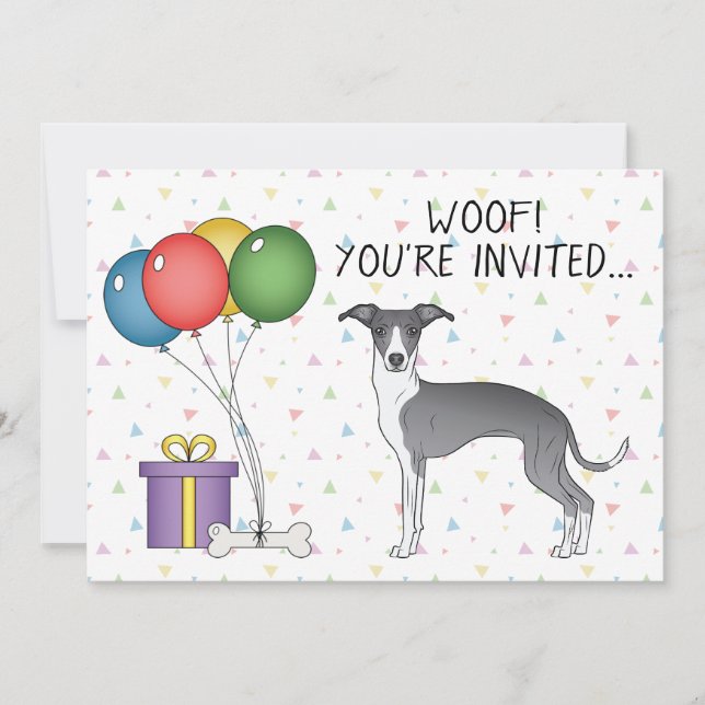 Convite Aniversário de Cachorro Fofo da raça Galgo Italian (Frente)