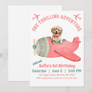 Convite Aniversário de Cachorro Fofo Voando Avião Rosa Aqu