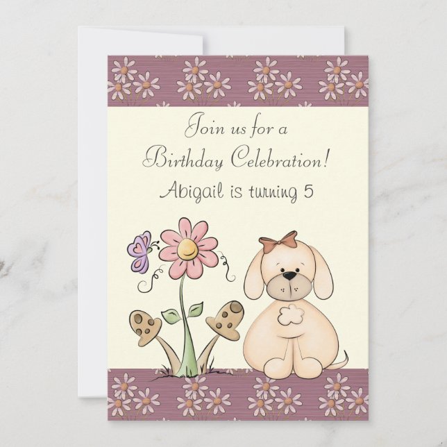 Convite Aniversário de Cães e Flores para Meninas (Frente)