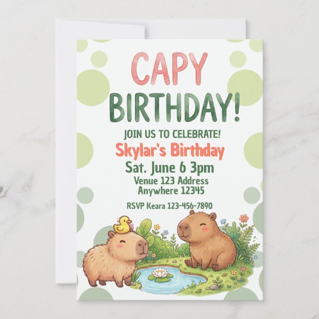 Convite Aniversário de Capivara Kawaii (Frente)