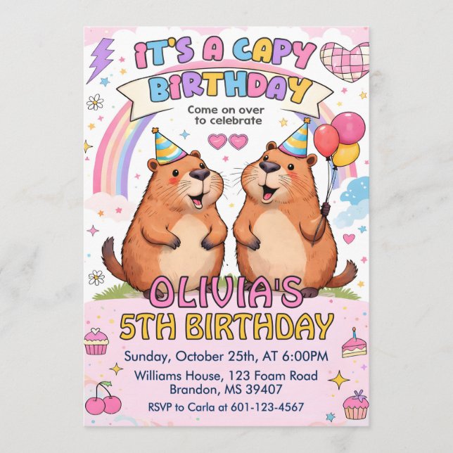 Convite Aniversário de Capivara Rosa Fofa - Aniversário de (Frente)