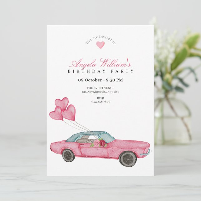 Convite Aniversário de carro cor-de-rosa-água (Em pé/Frente)