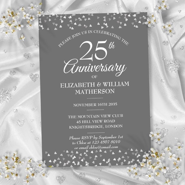 Convite Aniversário de Casamento 25 Confetti Silver Hearts (25th Weddding Anniversary Silver Hearts Confetti Invitation)