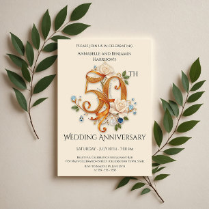 Convite Aniversário de Casamento 50º e Dourado Elegante