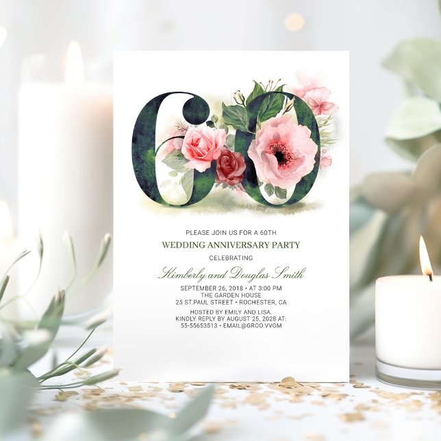 Convite Aniversário de Casamento 60 - Blush Pink Floral (60th Wedding Anniversary Invitations)