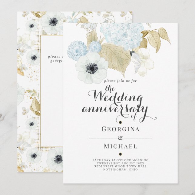 Convite Aniversário de Casamento Aquamarine Blue Gold Flor (Frente/Verso)