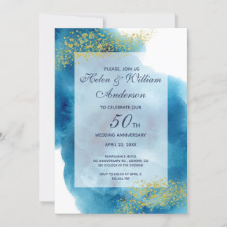 Convite Aniversário de Casamento Azul e Dourado