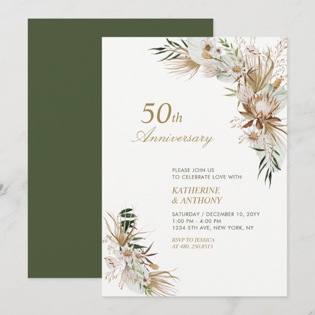 Convite Aniversário de Casamento Boho Botânico Verde & Dou (Frente/Verso)