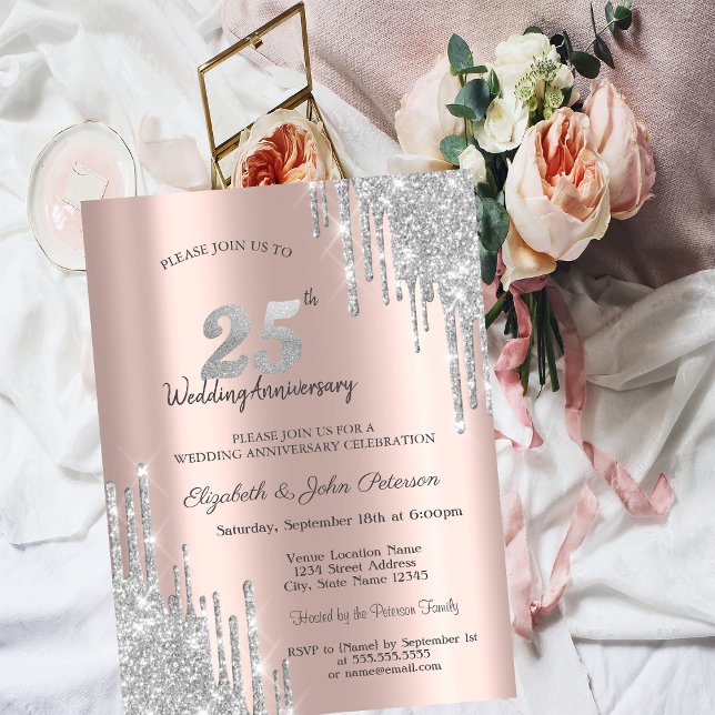 Convite Aniversário de Casamento Chic Prata com Glitter 25 (Criador carregado)