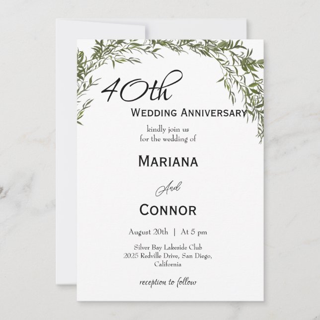 Convite Aniversário de Casamento Clássico Moderno com Folh (Frente)