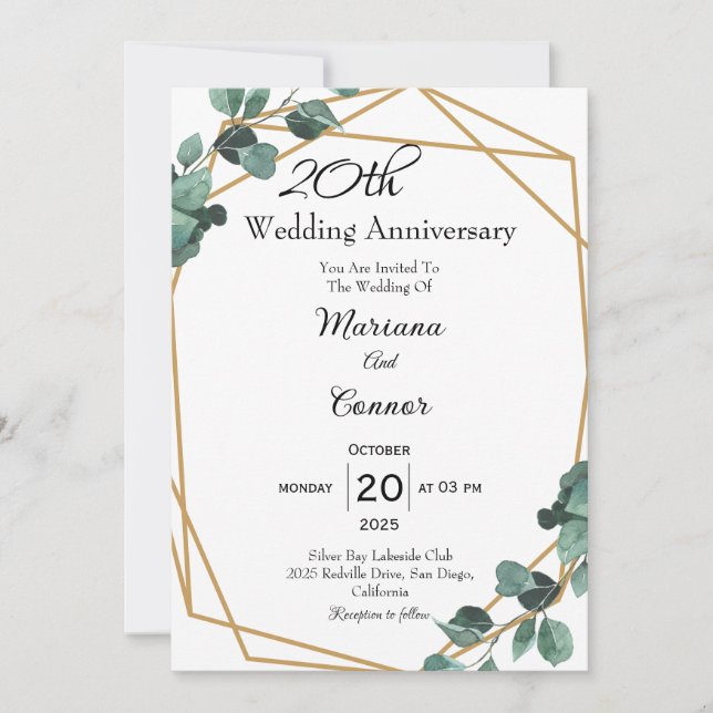 Convite Aniversário de Casamento com Folhagem Esmeralda Fr (Frente)