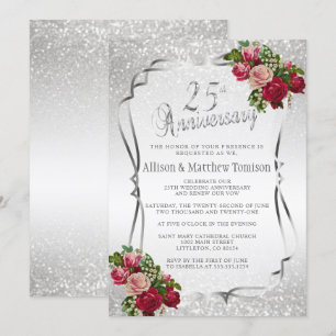 Convite Aniversário de Casamento com Glitter 25 Silver   