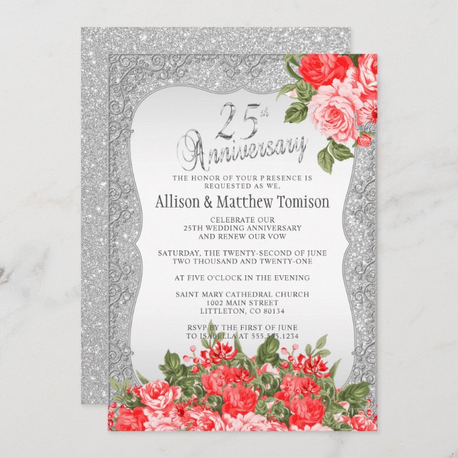 Convite Aniversário de Casamento com Glitter 25 Silver | D (Frente/Verso)