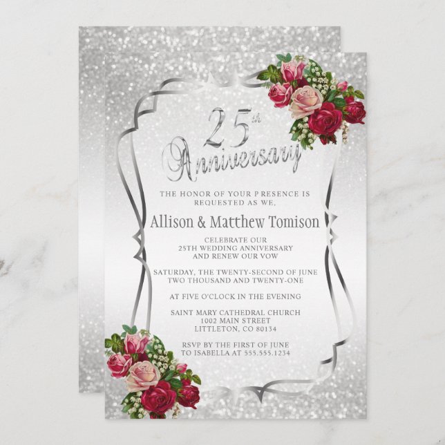 Convite Aniversário de Casamento com Glitter 25 Silver | D (Frente/Verso)
