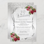 Convite Aniversário de Casamento com Glitter 25 Silver | D<br><div class="desc">25 Silver Glitter Wedding Anniversário preparado para personalizar. Apresentando um elegante brilho prateado e design de flores rosa e vermelha. 📌 Se precisar de mais personalização, clique no botão "Clique para Personalizar mais" ou "Personalizar ou Editar Design" e use a nossa ferramenta design para redimensionar, rodar, alterar a cor do...</div>