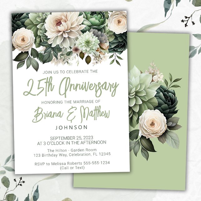Convite Aniversário de Casamento da 25 Floral de Sage Gree (Criador carregado)