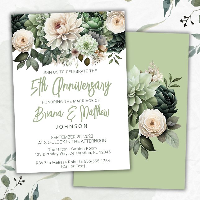 Convite Aniversário de Casamento da 5 Floral de Sage Green (Criador carregado)