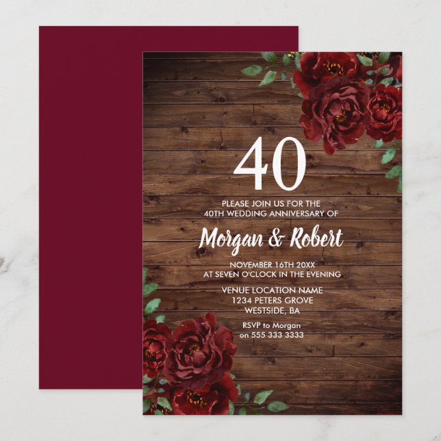Convite Aniversário de Casamento da Rosa vermelha Rustic 4 (Frente/Verso)