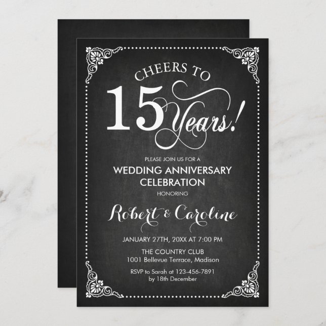 Convite Aniversário de Casamento de 15 - Branco Chalkboard (Frente/Verso)