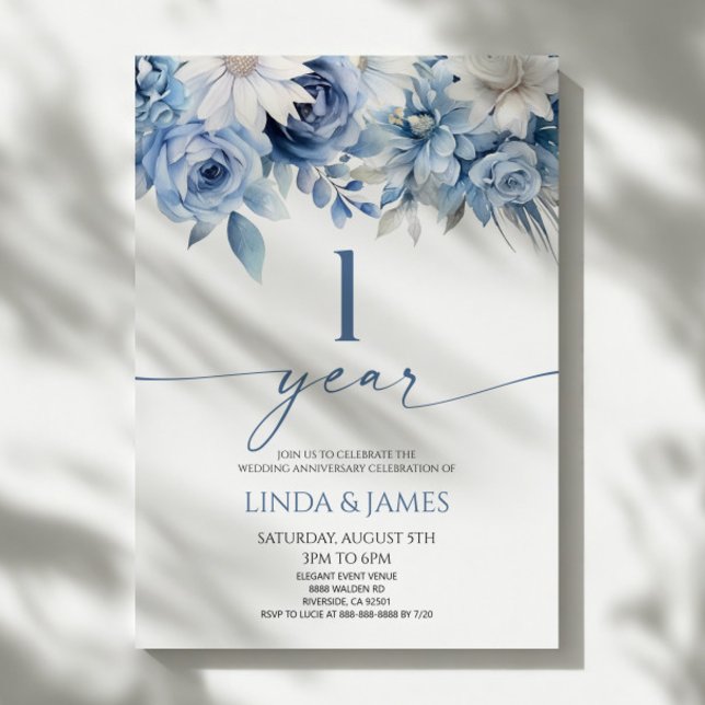 Convite Aniversário de Casamento de 1 Ano em Azul Empoeira (Criador carregado)