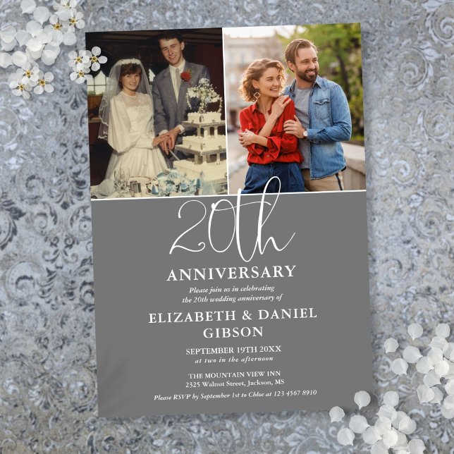 Convite Aniversário de Casamento de 20 Anos Então E Agora  (20th Wedding Anniversary Then And Now 2 Photo Invitation)