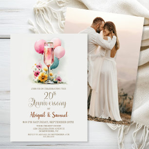 Convite Aniversário de Casamento de 20 de Vidro de Champag