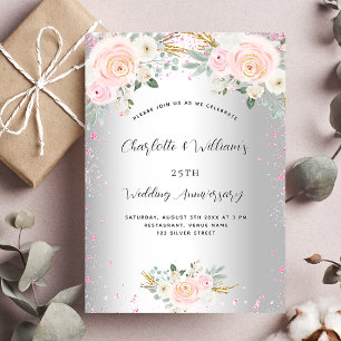 Convite Aniversário de casamento de 25 anos floral rosa pr