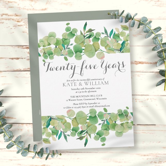 Convite Aniversário de Casamento de 25 Anos Folhas Florais (25th Wedding Anniversary Greenery Floral Invitation)