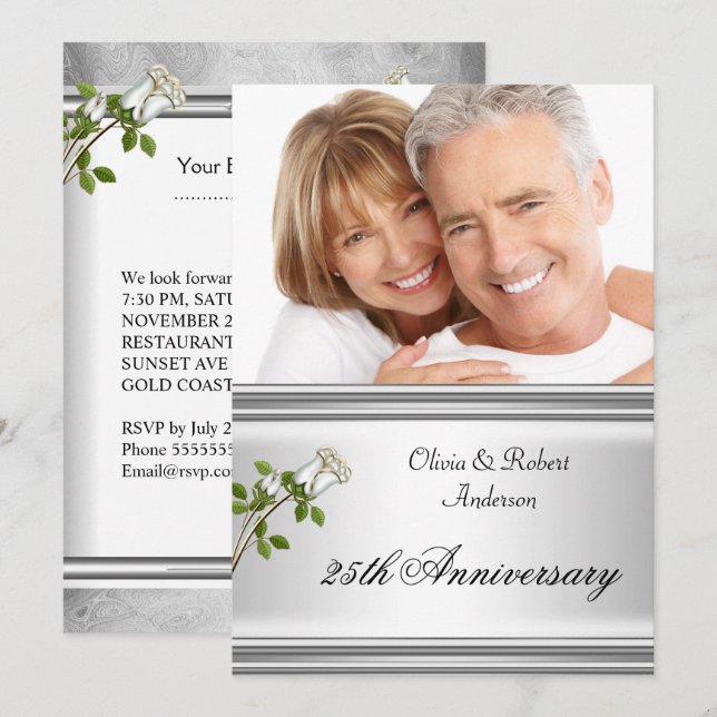 Convite Aniversário de Casamento de 25 Anos Rosa Branca Pr (Frente/Verso)