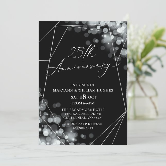 Convite Aniversário de Casamento de 25 Black & Silver (Em pé/Frente)