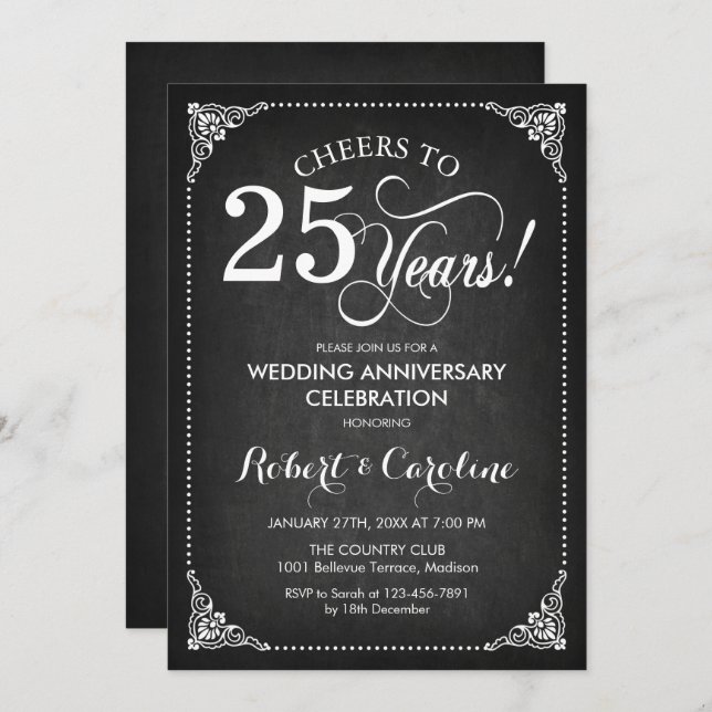 Convite Aniversário de Casamento de 25 - Branco Chalkboard (Frente/Verso)