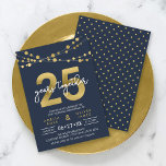 Convite Aniversário de Casamento de 25 das Luzes Azuis<br><div class="desc">Convite de festas Elegante 25 Anniversário com cordas de luz e "25" em ouro falso com "anos juntos" em branco contra um fundo azul escuro. A placa inclui um padrão correspondente do lado traseiro. Veja os itens correspondentes como adesivos e carimbos aqui https://www.zazzle.com/collections/strings_of_lights_faux_gold_celebration_collection-119311942951401241?rf=238364477188679314 Personalize-o substituindo o texto do marcador de...</div>