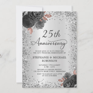 Convite Aniversário de Casamento de 25 Floral Silver Glitt