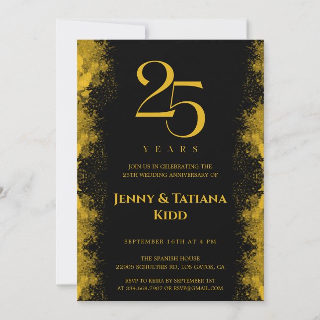 Convite Aniversário de Casamento de 25 Preto e Dourado (Frente)