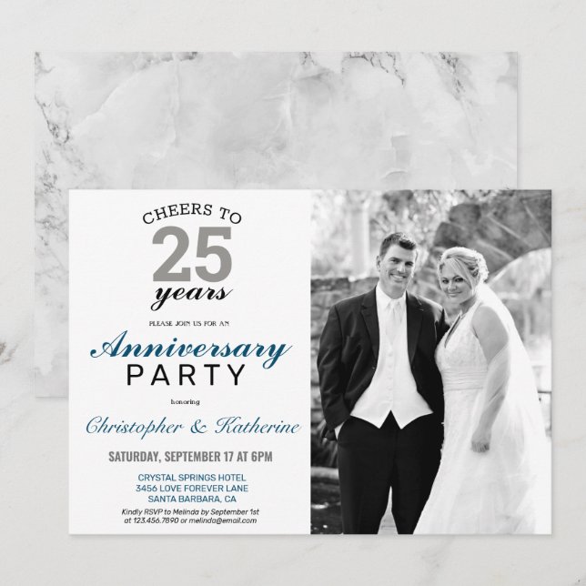 Convite Aniversário de Casamento de 25 Silver Elegante (Frente/Verso)