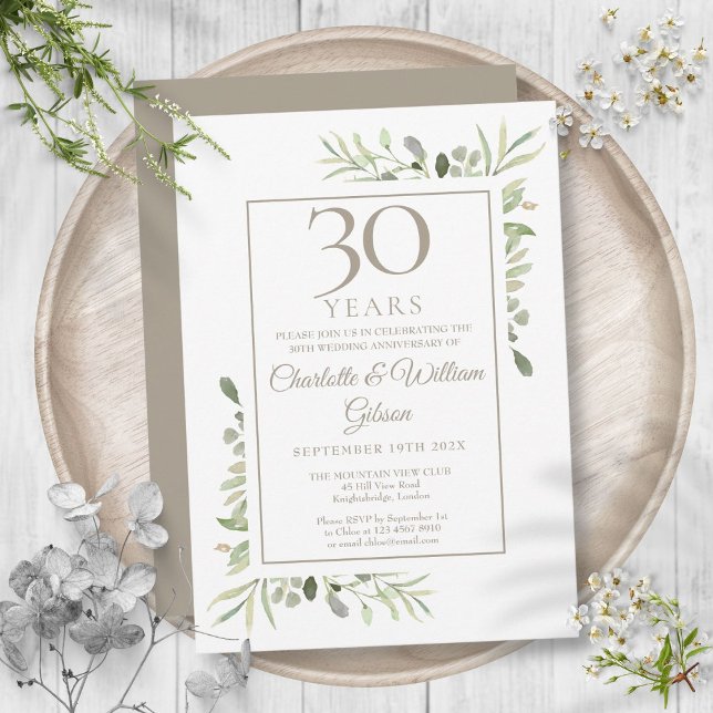 Convite Aniversário de Casamento de 30 Anos Pérola Verdeja (Pearl 30th Wedding Anniversary Greenery Floral Invitation)