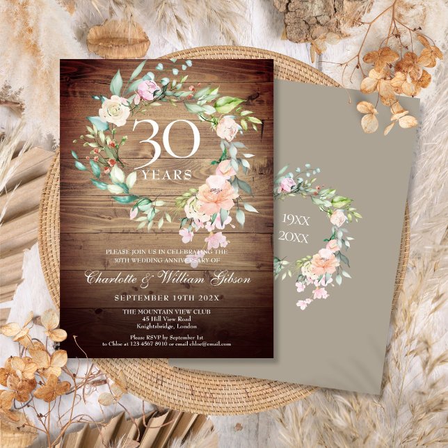 Convite Aniversário de Casamento de 30 Anos Rosas Rústicas (30th Wedding Anniversary Rustic Roses Greenery Invitation)
