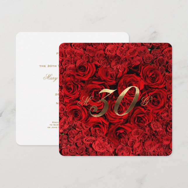 Convite Aniversário de Casamento de 30 Anos Rosas Vermelha (Frente/Verso)