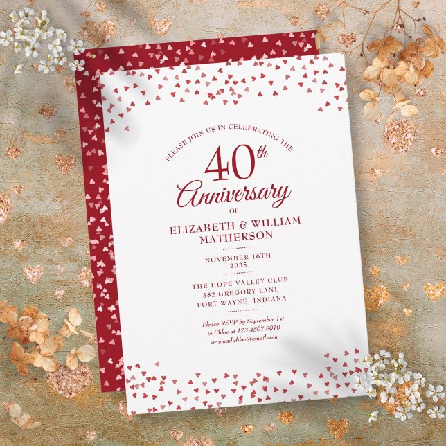 Convite Aniversário de Casamento de 40 Anos Confetes de Co (40th Wedding Anniversary Ruby Hearts Confetti Invitation)